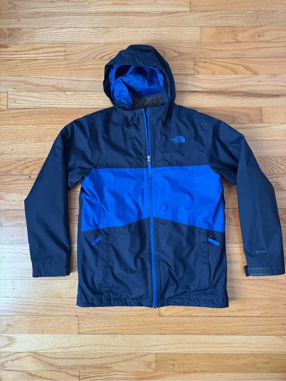 The North Face Blue and Black Kids' Hooded Jacket with Removable Lining